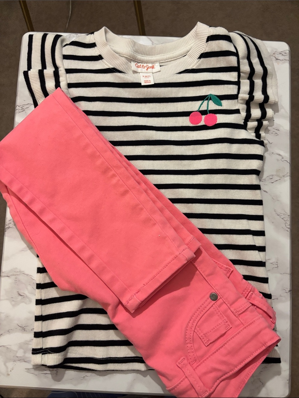 Falls Creek Black & White Striped Cherry Tee with Pink Pants